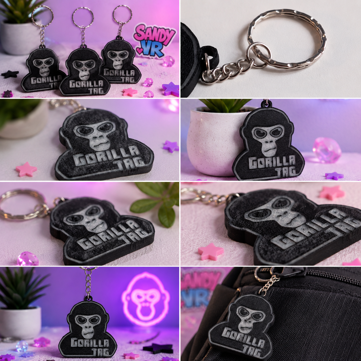 Product gallery collage showing multiple views of a Gorilla Tag glow-in-the-dark NFC keychain, including close-up details, lifestyle shots, and everyday use examples.