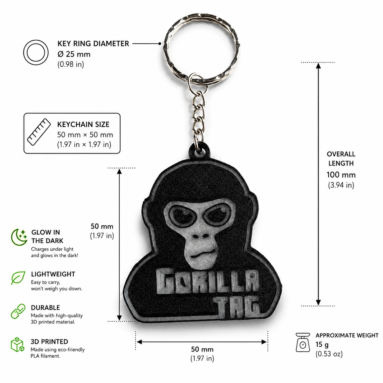 Technical specification image showing the Gorilla Tag NFC keychain dimensions, weight, key ring size, and product features including glow-in-the-dark material and durable 3D printed construction.