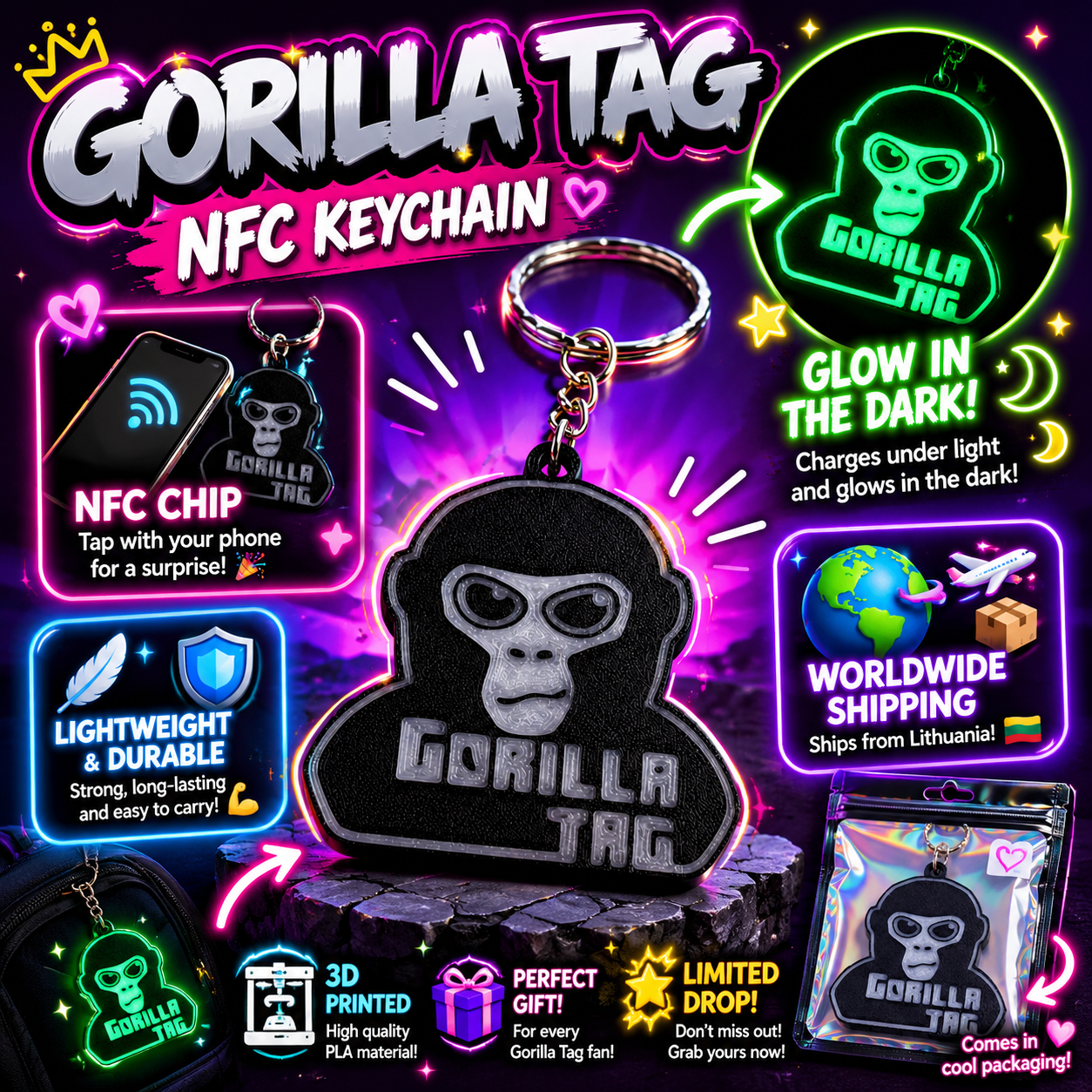 Promotional infographic for a Gorilla Tag NFC keychain featuring glow-in-the-dark functionality, NFC technology, worldwide shipping, premium packaging, and 3D printed construction.